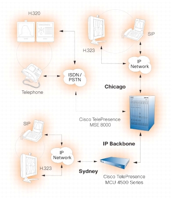 Example of endpoints and network supported by Cisco TelePresence MCUs